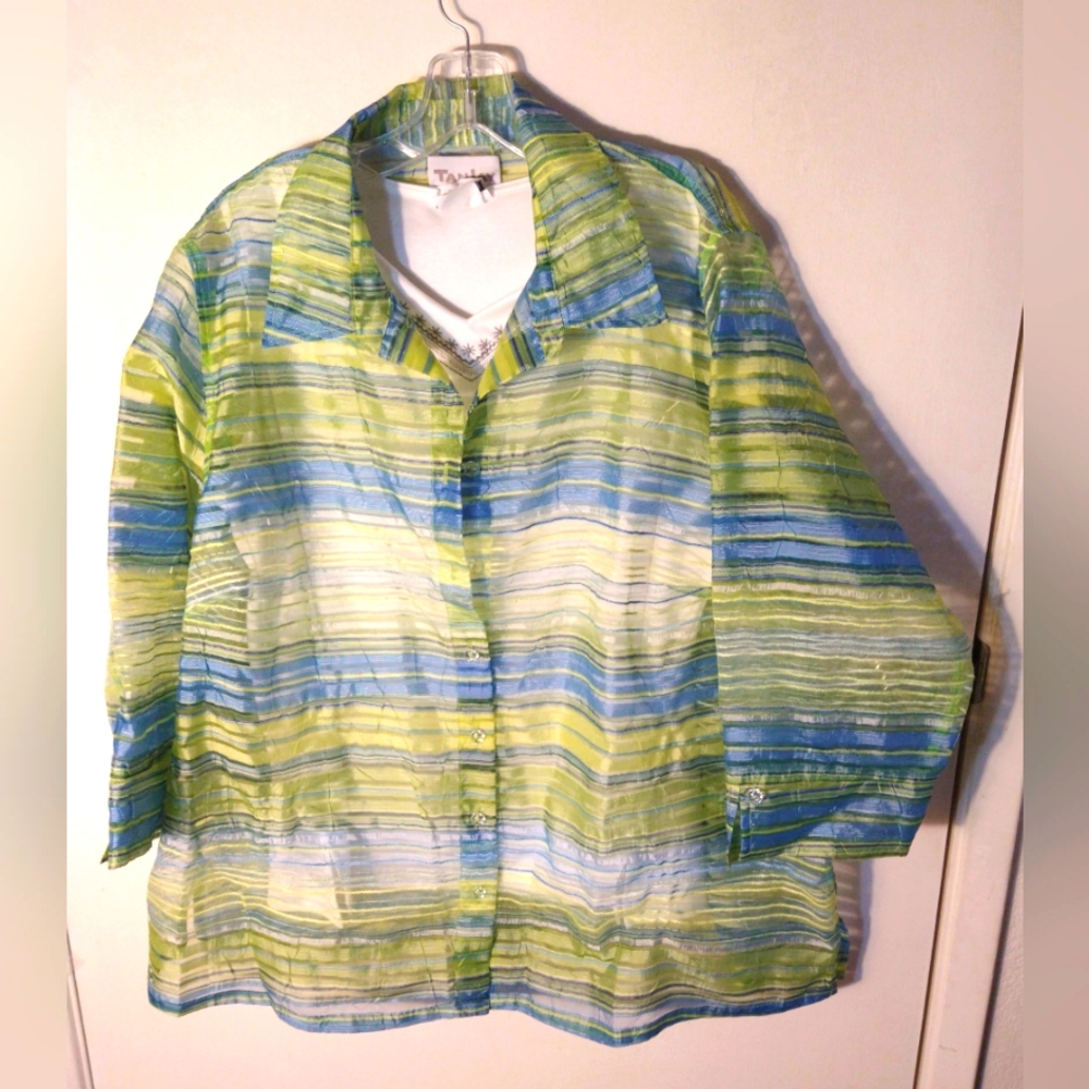 TANJAY WOMEN'S PLUS SIZE 22W BRIGHT GREEN AND BLUE SHEER BLOUSE 3/4 SLEEVES NWOT